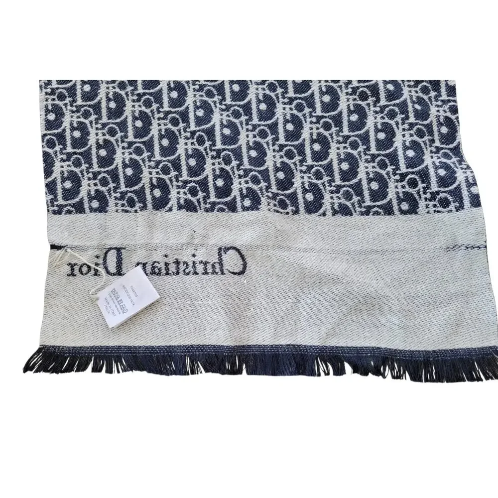 Christian Dior MONOGRAM Oblique 100% Cashmere Scarf Navy Blue & Cream 74